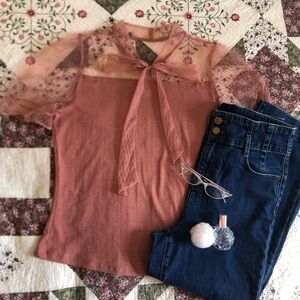 Vintage style Pink Tie Front Blouse with Sheer Sleeves